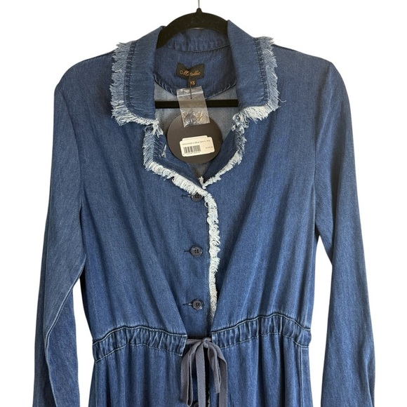 Metallic Blue Denim Maxi Dress Fringe Edging Full Front Button Down Tie Waist - Picture 3 of 9